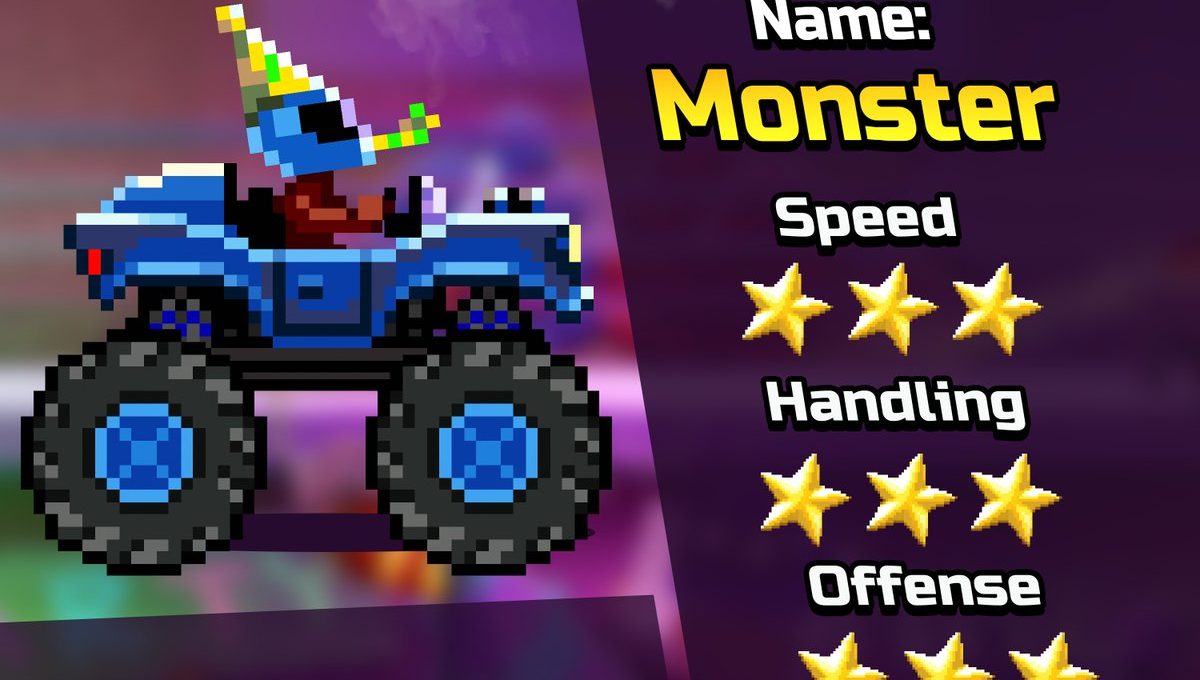 Pixel art blue monster truck with large wheels and star-rated stats panel next to it