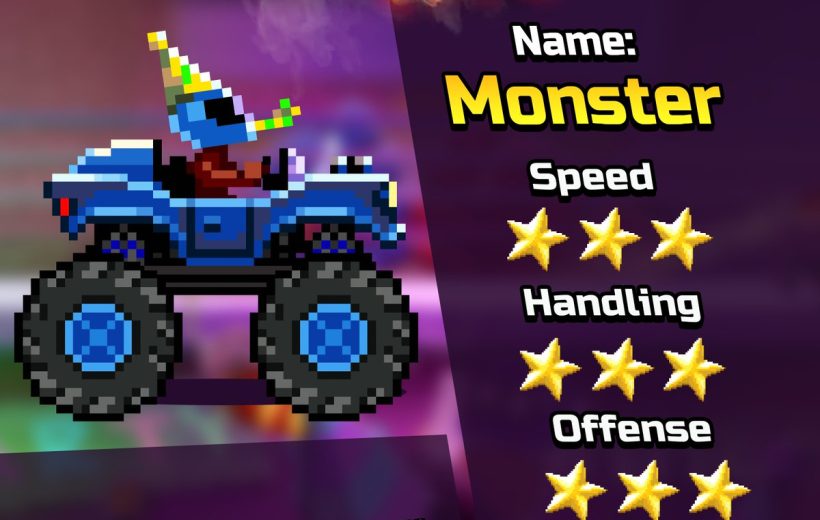 Pixel art blue monster truck with large wheels and star-rated stats panel next to it