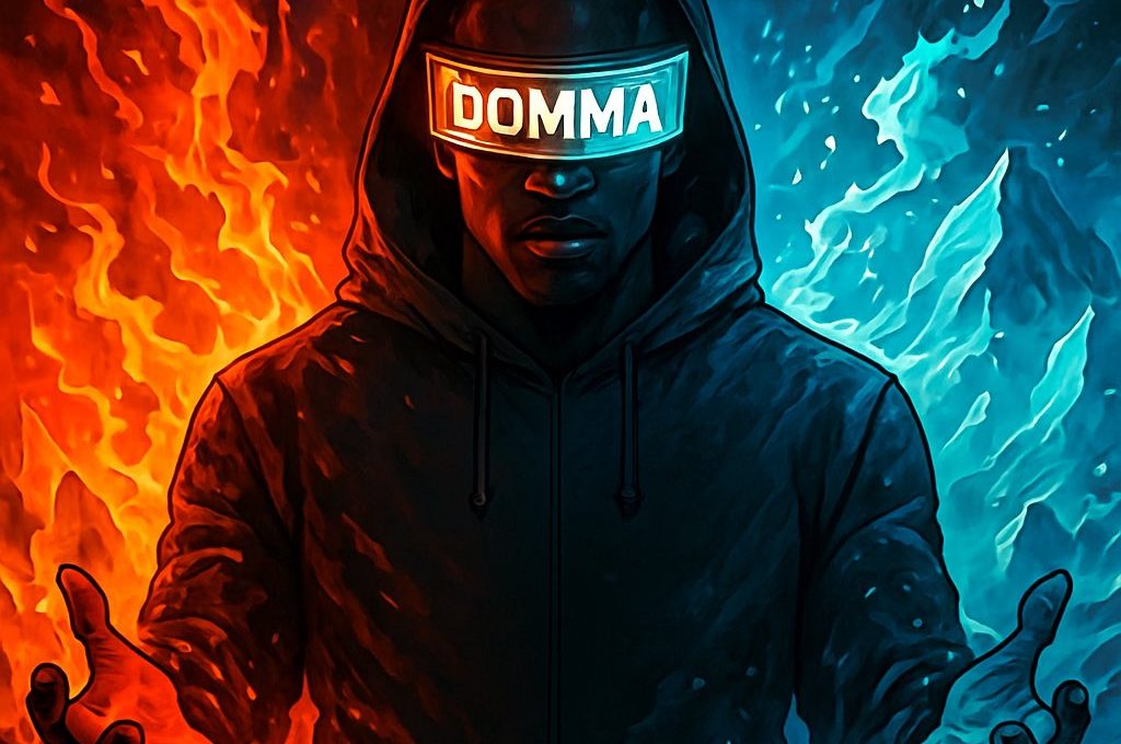 Hooded figure balancing blue ice and red fire with "DOMMA" visor label