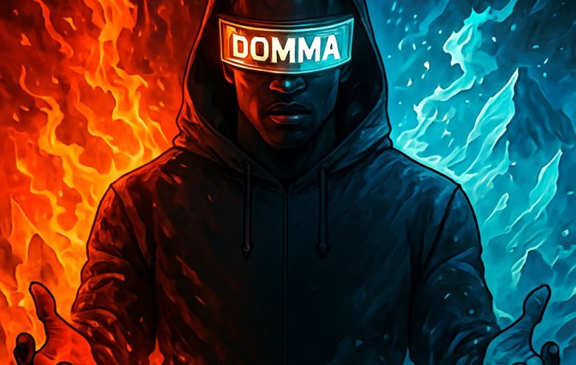 Hooded figure balancing blue ice and red fire with "DOMMA" visor label