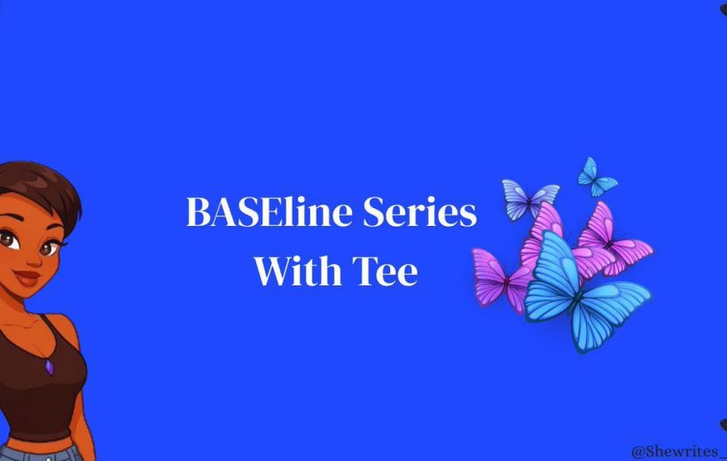 Cartoon woman beside text "BASEline Series With Tee" and colorful butterflies on blue background