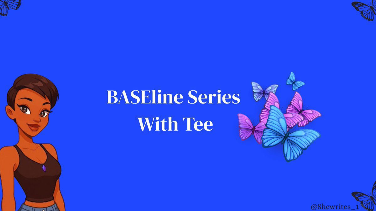 Cartoon woman beside text "BASEline Series With Tee" and colorful butterflies on blue background