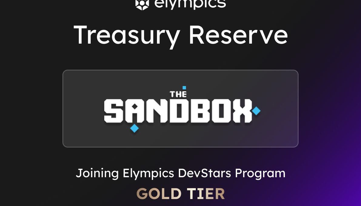 Elympics Treasury Reserve announcement showing The Sandbox joining DevStars program, Gold Tier