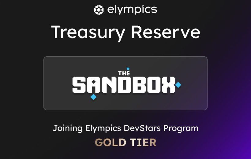 Elympics Treasury Reserve announcement showing The Sandbox joining DevStars program, Gold Tier