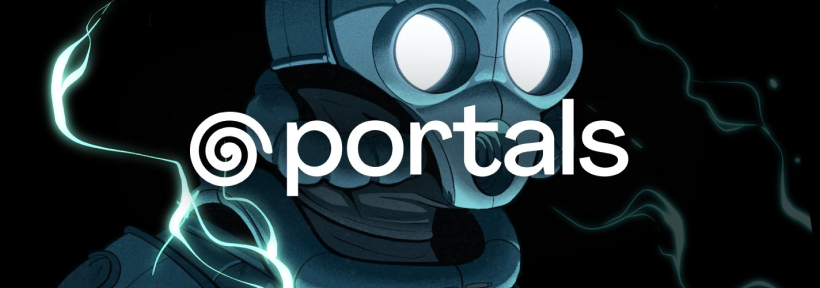 Blue glowing gas-masked figure with electric teal energy and "portals" logo centered