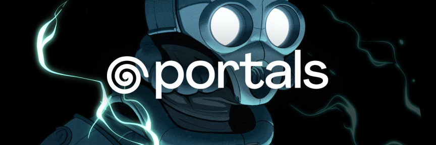 Blue glowing gas-masked figure with electric teal energy and "portals" logo centered