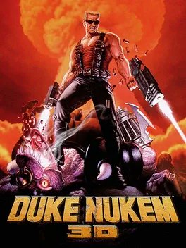Muscular action hero with sunglasses and dual weapons standing over defeated alien, orange explosion backdrop