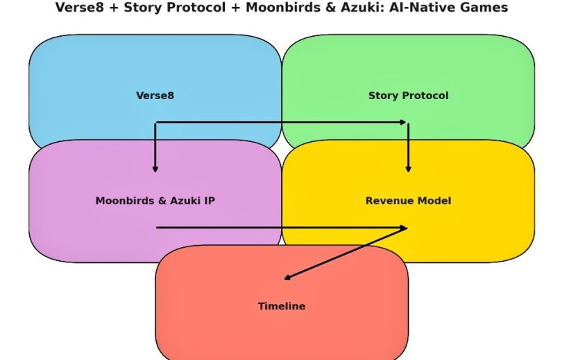 Flowchart of colored rounded boxes labeled Verse8, Story Protocol, Moonbirds & Azuki, Revenue Model, and Timeline.
