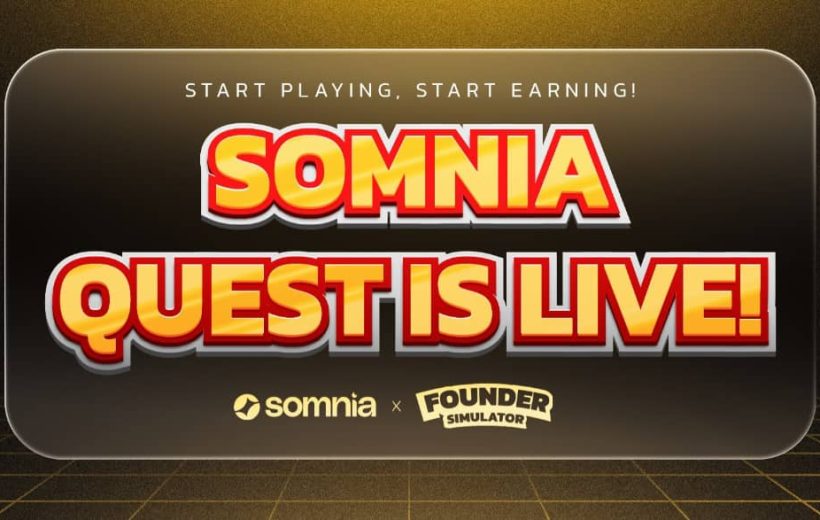 Bold yellow and red text reading "SOMNIA QUEST IS LIVE!" with somnia and Founder logos