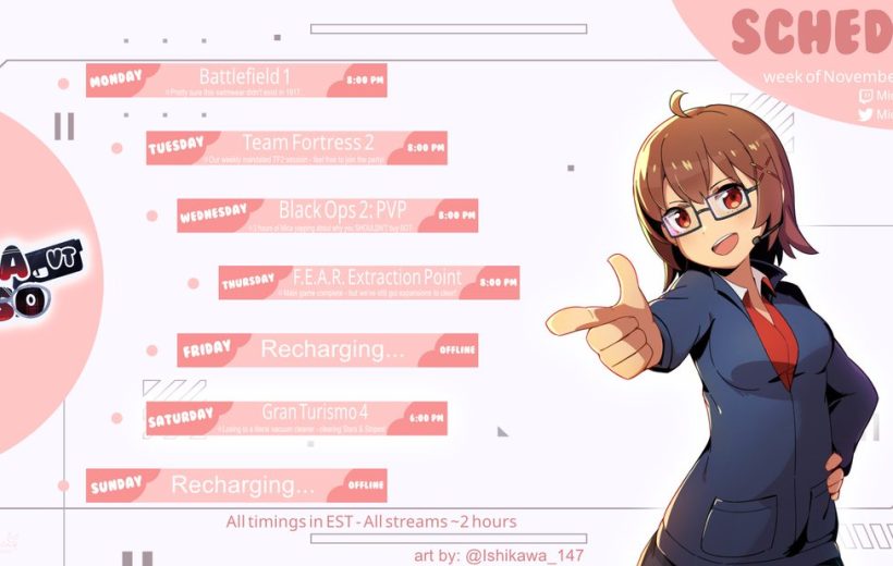 Anime-style streamer character pointing forward beside a weekly pink streaming schedule titled "Schedule"