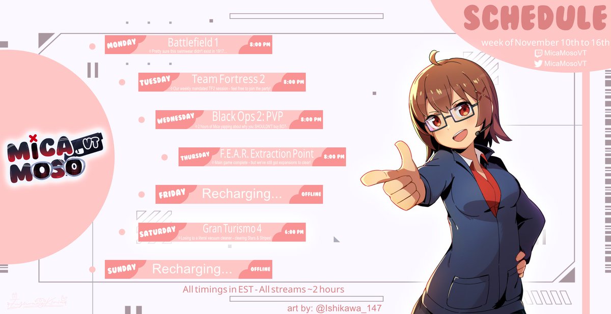 Anime-style streamer character pointing forward beside a weekly pink streaming schedule titled "Schedule"