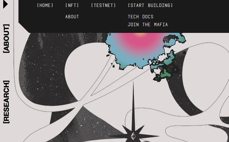 Website header with navigation links above abstract cosmic map and compass rose illustration