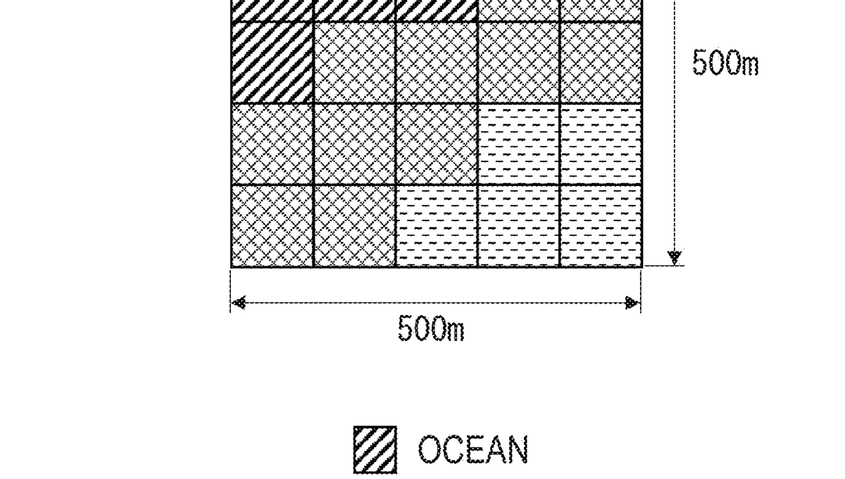 Grid map showing 500m by 500m area with ocean, reef, and coral reef tiles.