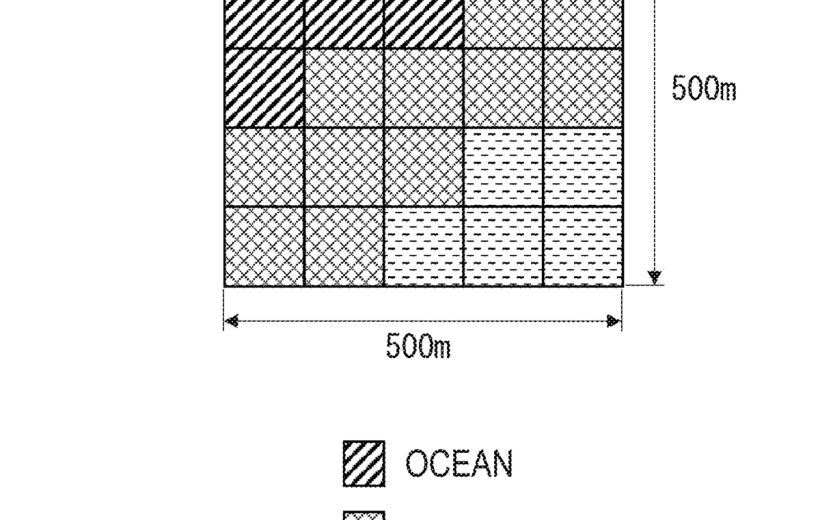 Grid map showing 500m by 500m area with ocean, reef, and coral reef tiles.