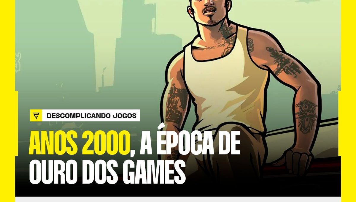 Muscular tattooed cartoon man leaning on car with bold Portuguese gaming headline