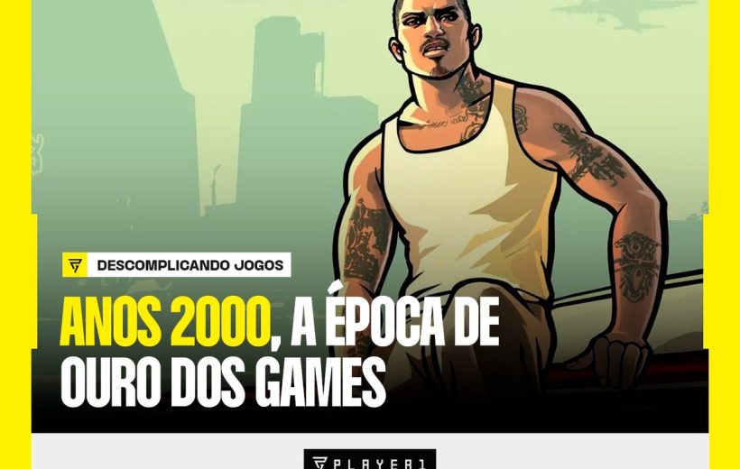 Muscular tattooed cartoon man leaning on car with bold Portuguese gaming headline