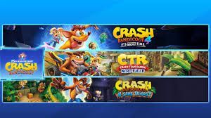 Four colorful Crash Bandicoot game banners featuring characters and jungle environments