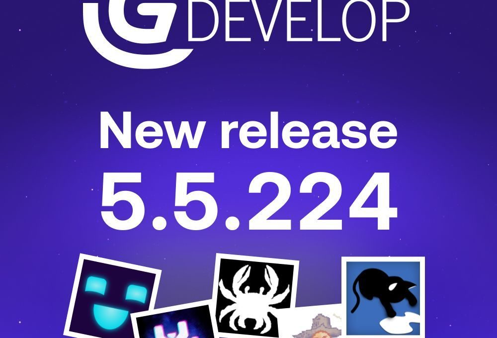 GDevelop logo with announcement text "New release 5.5.224" on purple background with icons