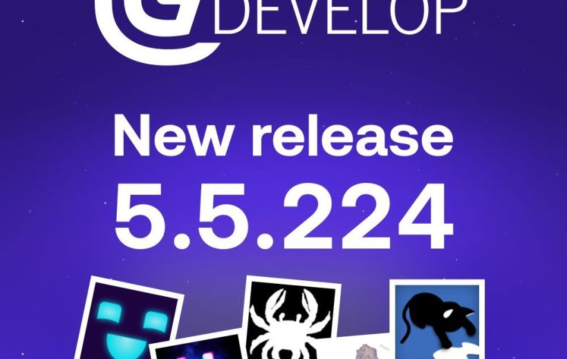 GDevelop logo with announcement text "New release 5.5.224" on purple background with icons