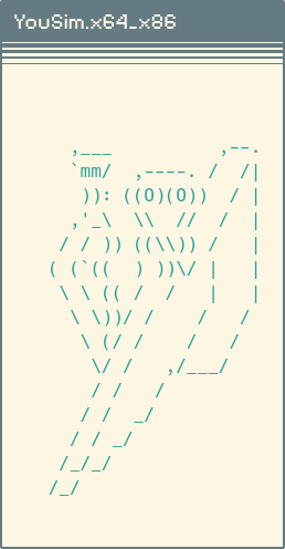 ASCII art stylized bird head displayed in a retro terminal window titled YouSim.x64_x86