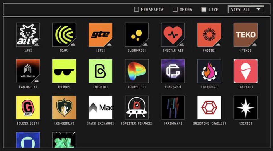 Grid of colorful app and token icons with names displayed on a dark interface