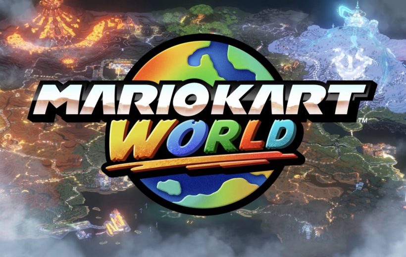 Mario Kart World logo over a colorful map landscape with varied biomes and lava fields