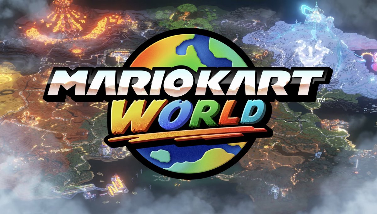 Mario Kart World logo over a colorful map landscape with varied biomes and lava fields