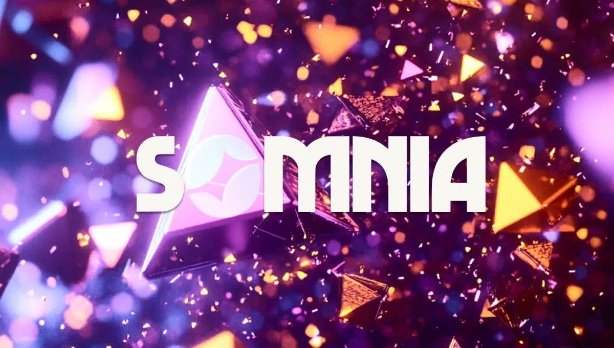 Bright purple and gold confetti with bold white "SOMNIA" text over geometric shapes