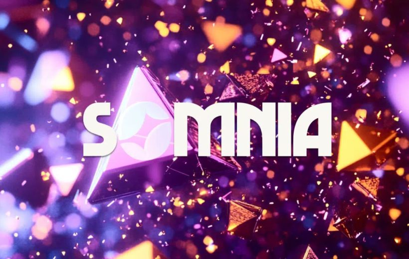 Bright purple and gold confetti with bold white "SOMNIA" text over geometric shapes