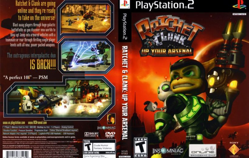 Ratchet wearing green armor holding weapons with Clank on his back against sunset
