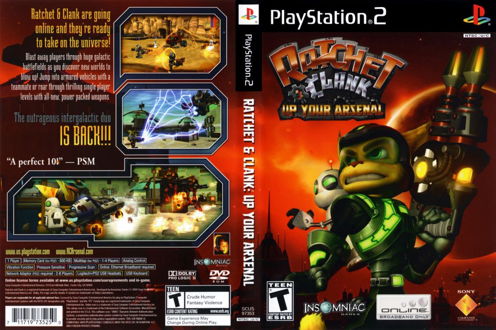Ratchet wearing green armor holding weapons with Clank on his back against sunset