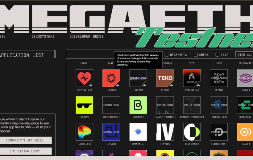 Dark webpage layout titled "MEGAFTH Testnet" showing an application grid and navigation.
