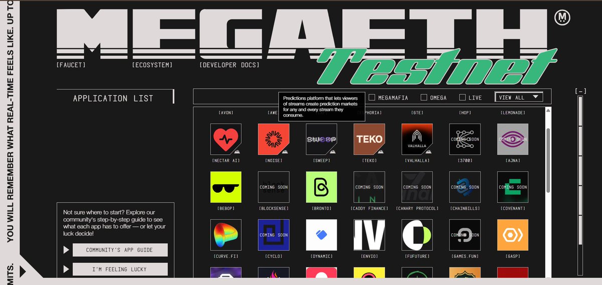 Dark webpage layout titled "MEGAFTH Testnet" showing an application grid and navigation.