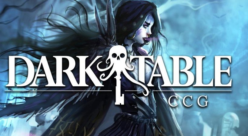 Woman in dark cloak with flowing hair behind "Dark Table CCG" logo in blue mist