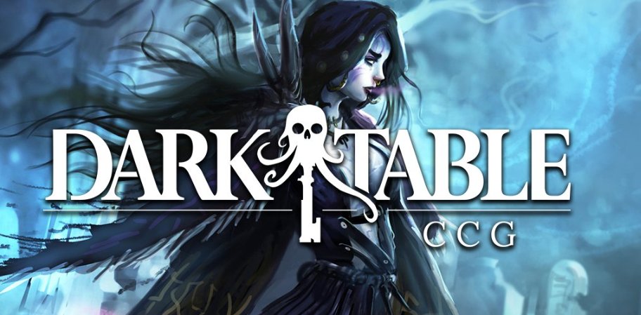 Woman in dark cloak with flowing hair behind "Dark Table CCG" logo in blue mist