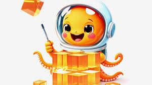 Cute orange octopus wearing an astronaut helmet stacking glowing gift boxes playfully