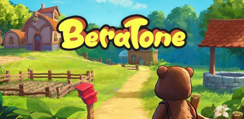 Cartoon bear walking down a sunny village path toward cottages and a stone well