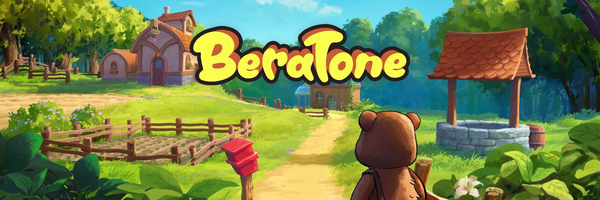 Cartoon bear walking down a sunny village path toward cottages and a stone well