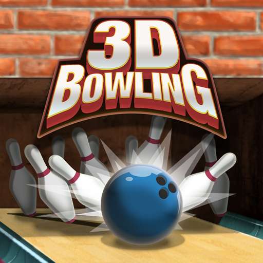 Bold "3D Bowling" logo above a blue bowling ball striking falling pins on lane