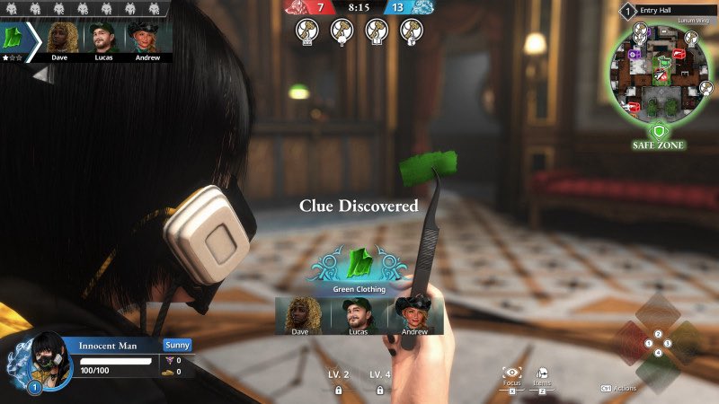 Player character examining a green clothing clue in a dimly lit manor hallway.