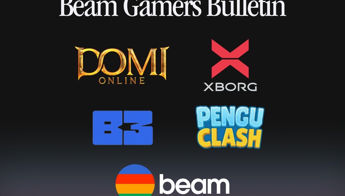 Beam Gamers Bulletin title with game and platform logos including Domi, Xborg, Pengu Clash, Beam