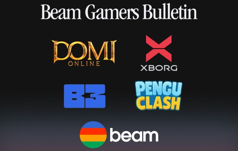 Beam Gamers Bulletin title with game and platform logos including Domi, Xborg, Pengu Clash, Beam