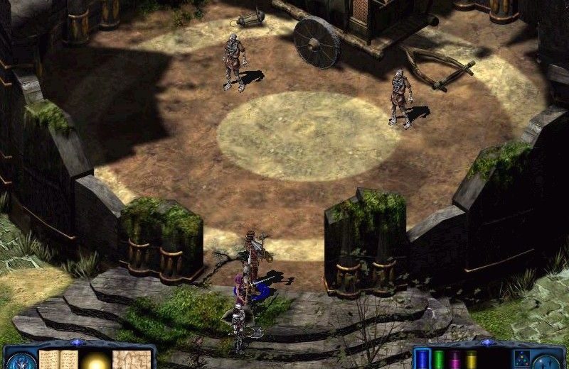 Top-down fantasy game scene showing characters in a ruined arena with wagon.