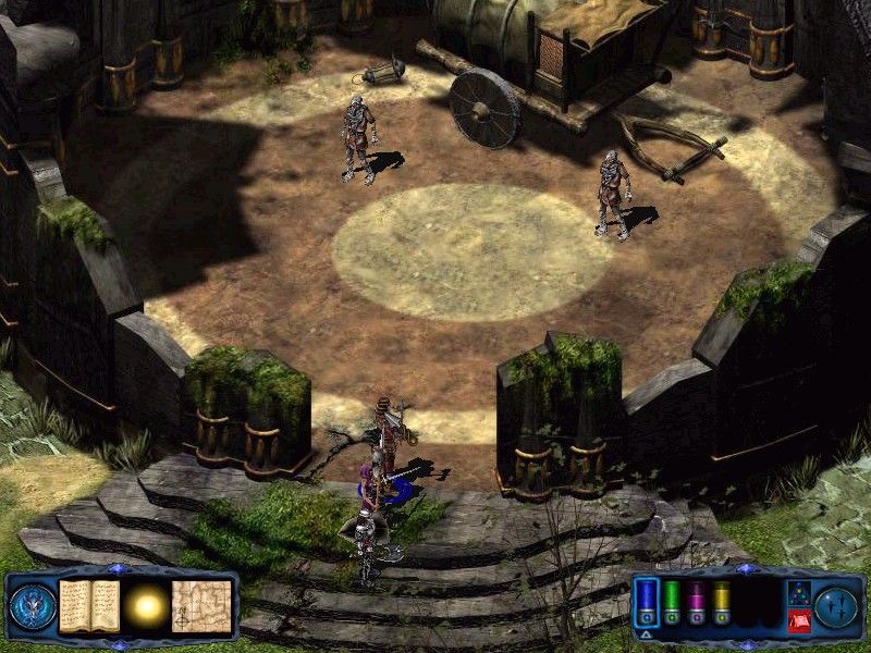 Top-down fantasy game scene showing characters in a ruined arena with wagon.