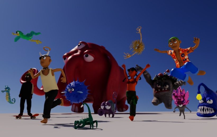 Colorful animated characters and whimsical creatures running and jumping across a plain skyward backdrop