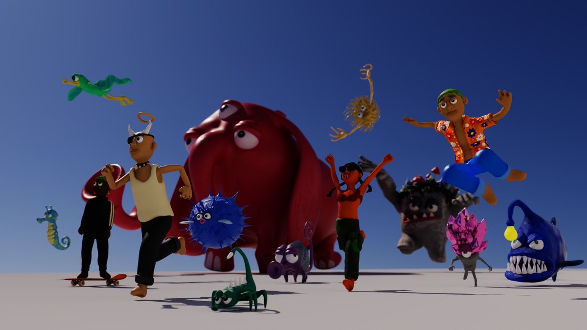 Colorful animated characters and whimsical creatures running and jumping across a plain skyward backdrop