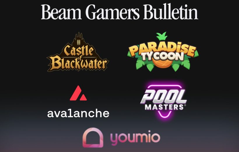Beam Gamers Bulletin banner with game logos, Avalanche and Youmio partners listed.