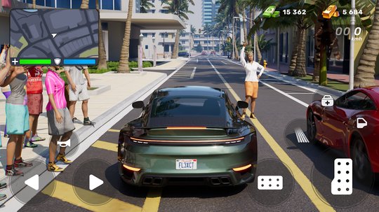 Rear view of a green sports car at a city street drag race start line