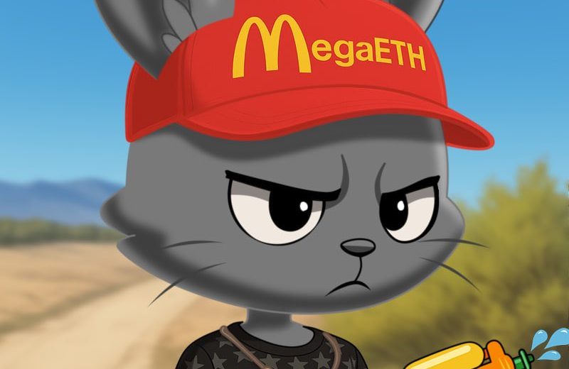 Grumpy cartoon gray bunny wearing red "MegaETH" cap and holding a water gun