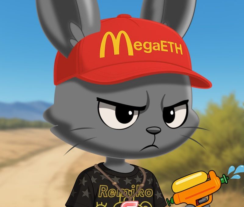 Grumpy cartoon gray bunny wearing red "MegaETH" cap and holding a water gun
